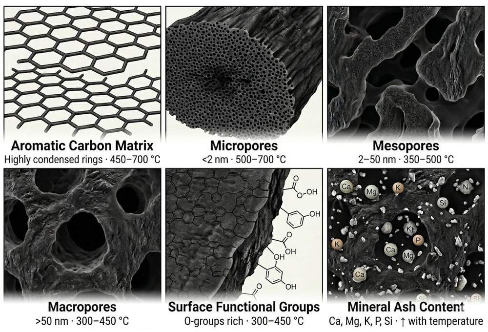 The carbon structure of biochar: aromatic matrix, pore network, and mineral content.